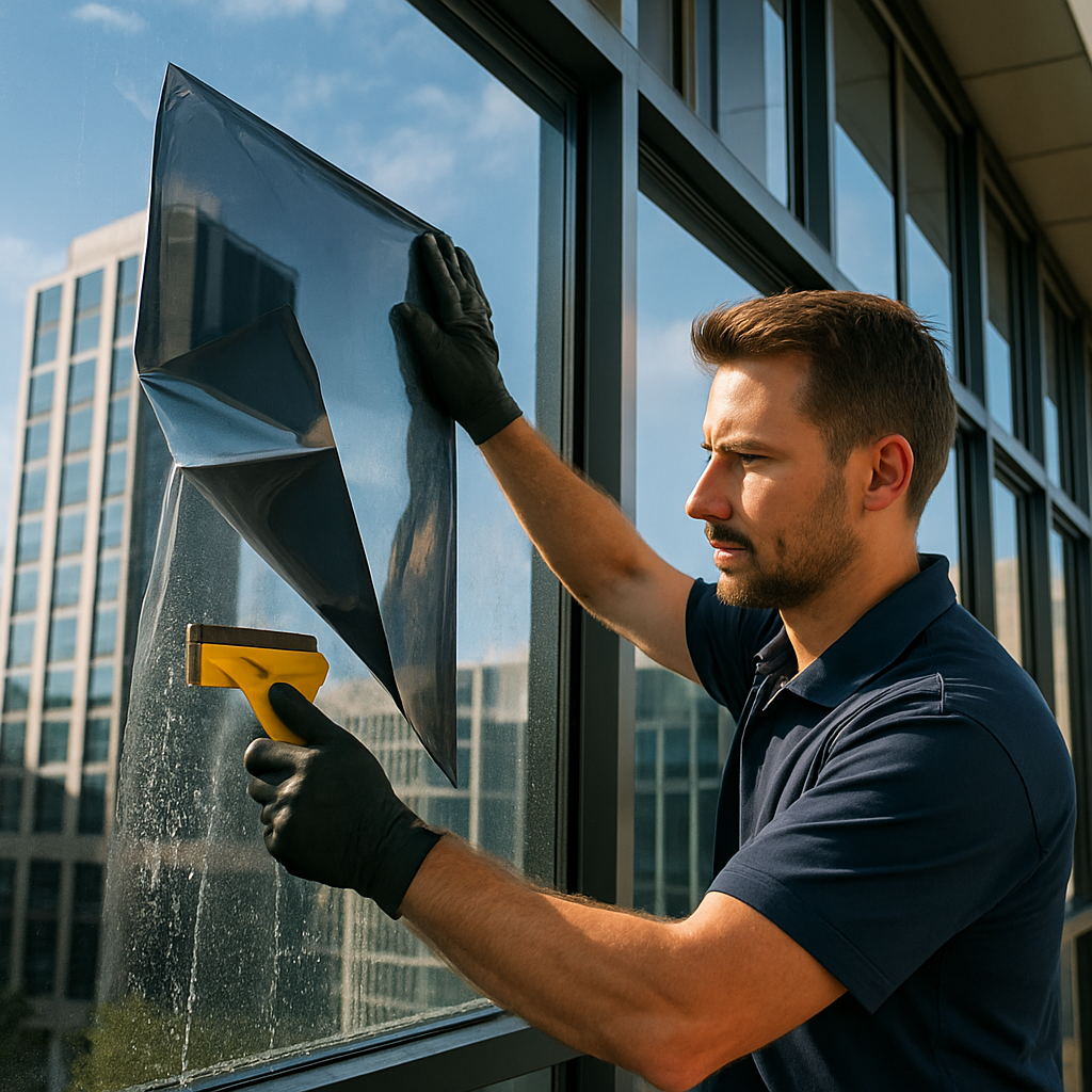 Man in a navy polo and gloves cleans a glass office window using a yellow squeegee outside a high-rise building.