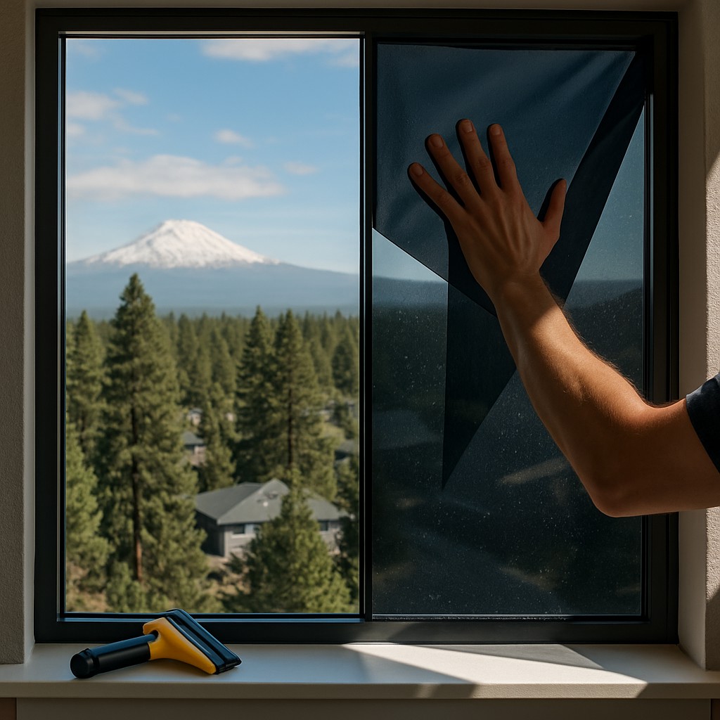 Person's hand pressed against the right window pane during cleaning; a yellow squeegee rests on the windowsill, with a forest and snow-capped mountain visible through the left pane.