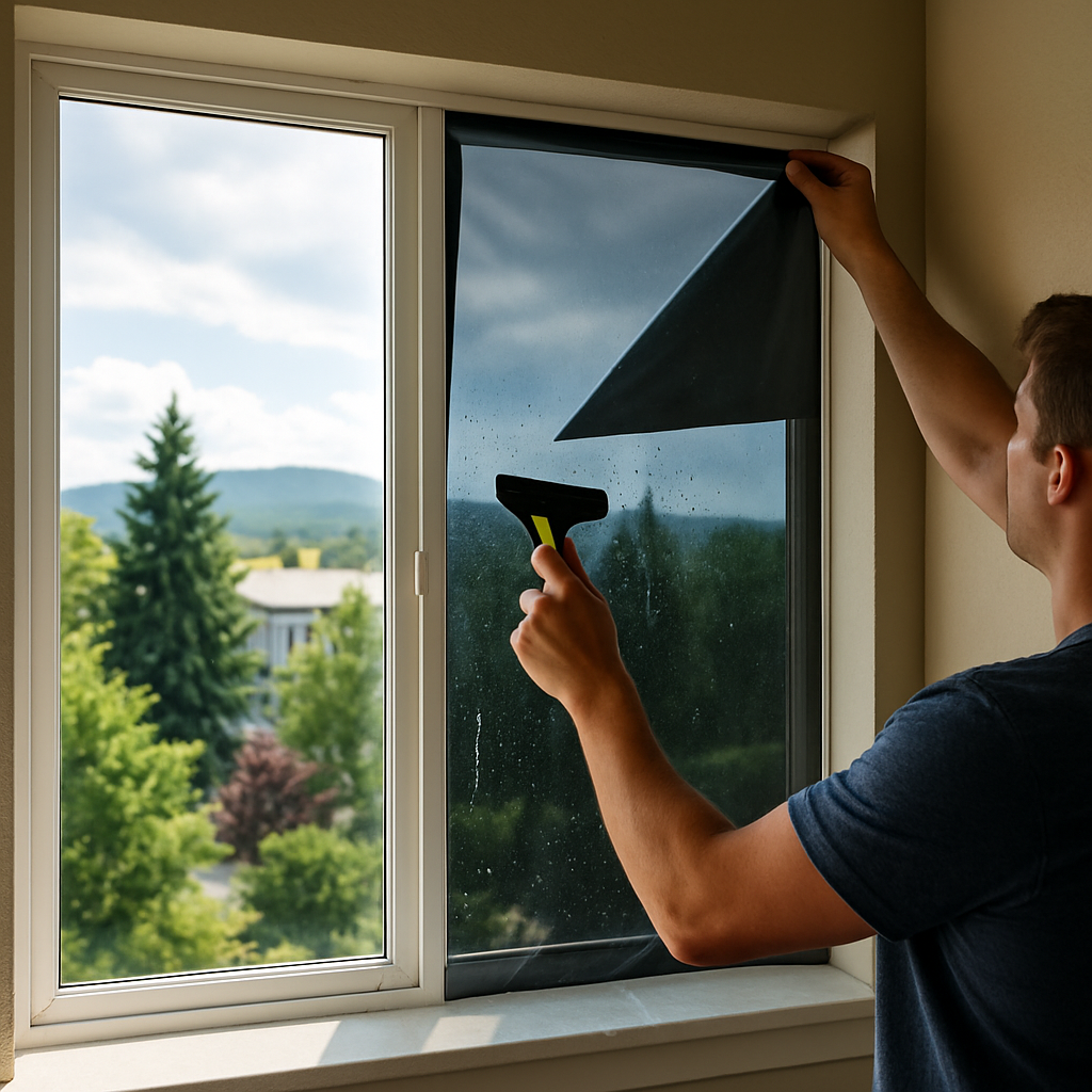 Man cleaning a window from inside, using a squeegee to wipe glass while pulling down a film or cover from the pane on a sunny day outside view of trees and hills