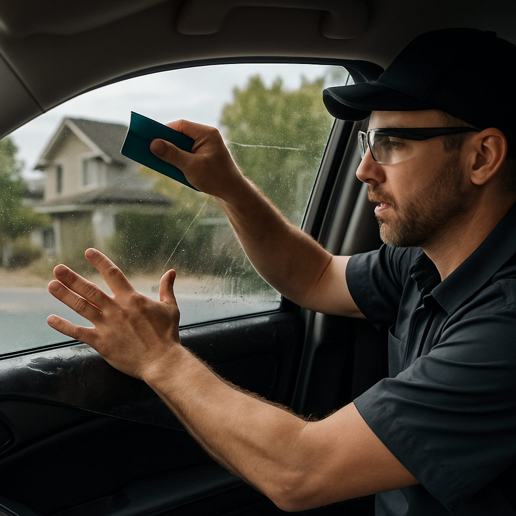 Man wearing a cap and safety glasses cleans the inside of a car window with a blue cloth.