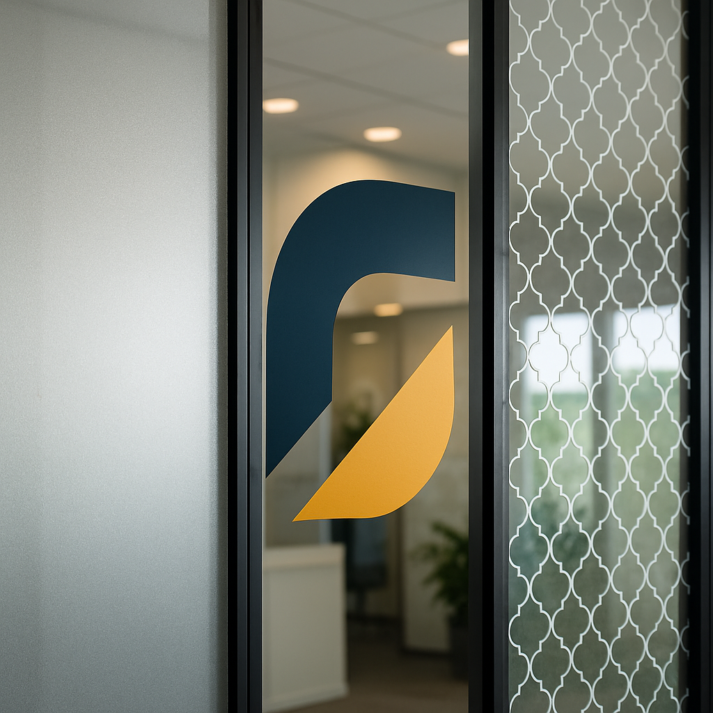Glass door with a blue and orange abstract logo leading into a modern office interior.