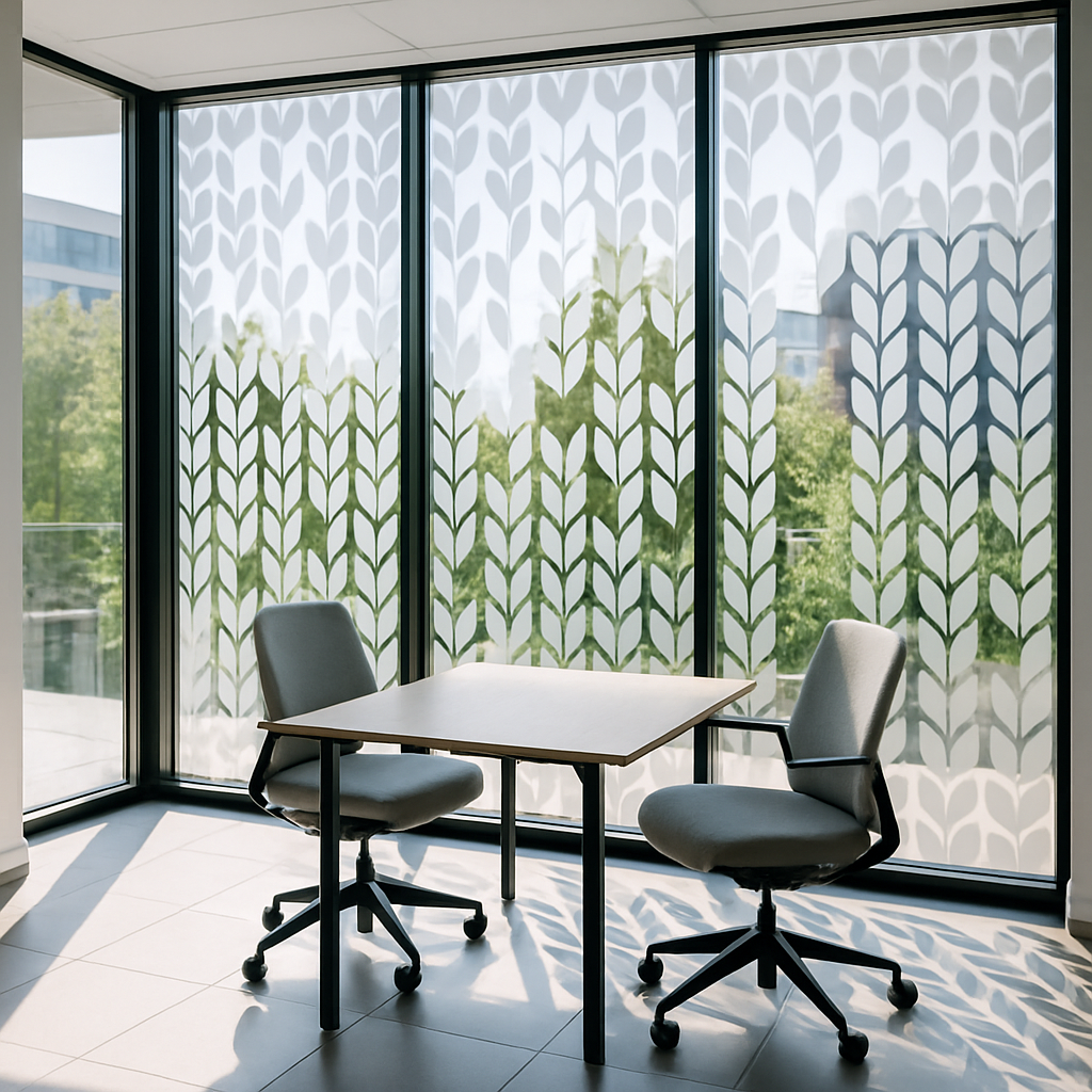 Small office corner with a square table and two grey swivel chairs by tall windows with leaf-patterned frosted film.