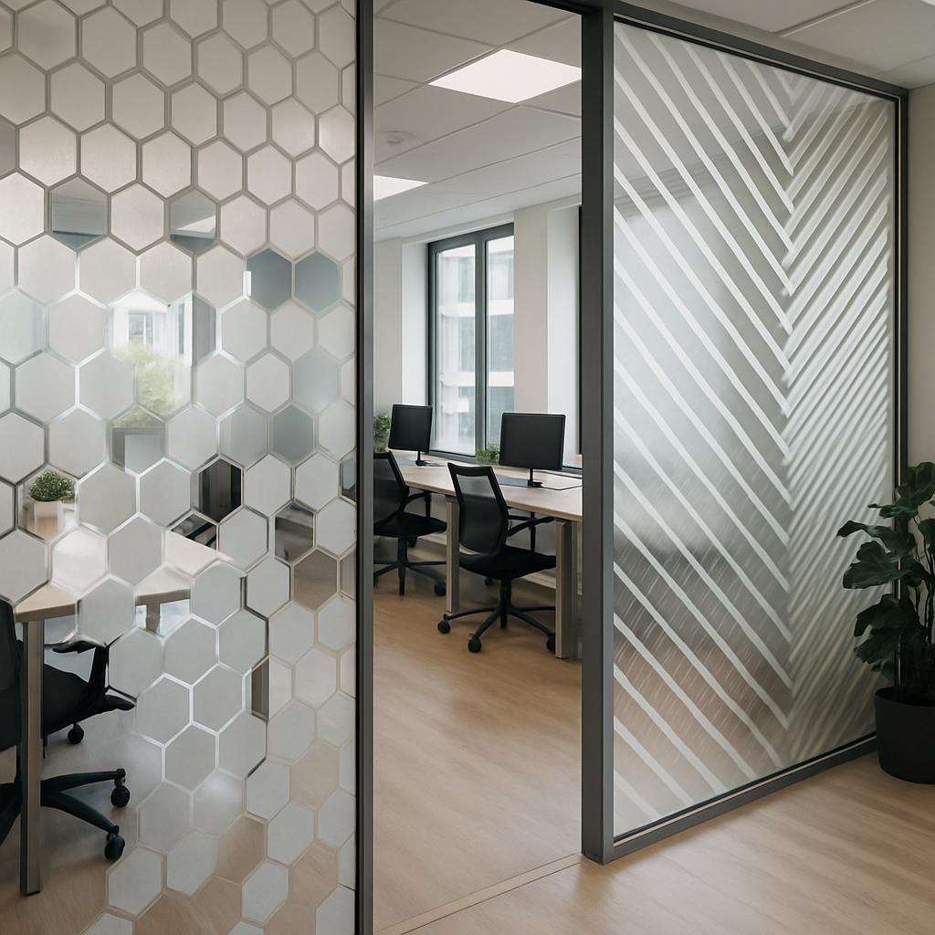 Modern office with glass partition walls: left frosted hexagon pattern, middle open desk area with computers, right pane with diagonal stripe pattern and a potted plant nearby