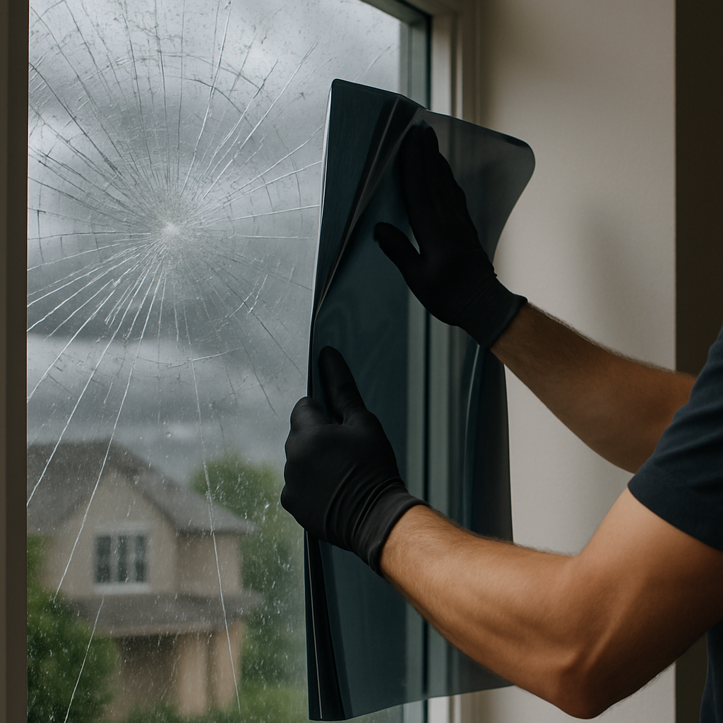 Gloved hands smoothing a blue window film over a cracked pane, indoors, during a window repair.