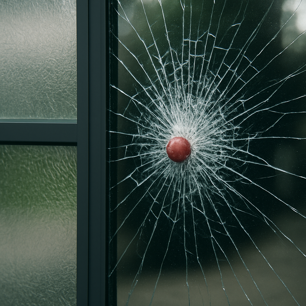 Glass window pane shattered by a red ball, spiderweb cracks radiating from the impact point