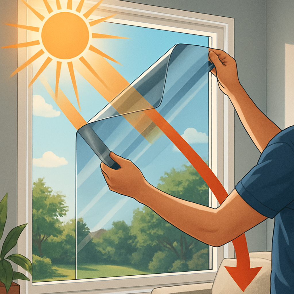 Person applying sun-blocking window tint film to a glass window indoors on a sunny day