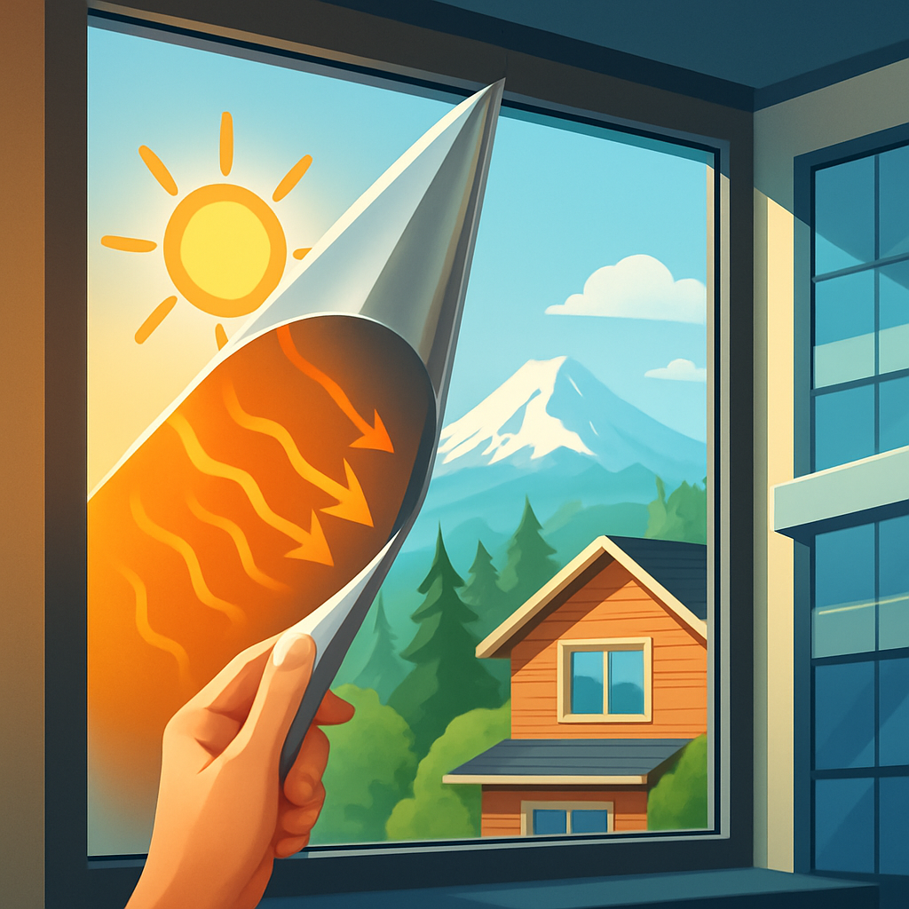 Person peels back a protective film from a large window, revealing a sunny mountain landscape with trees and a wooden house outside