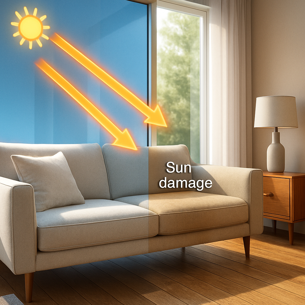 Sofa in a living room with the right side sun-damaged, left side normal, overlaid text 'Sun damage'.