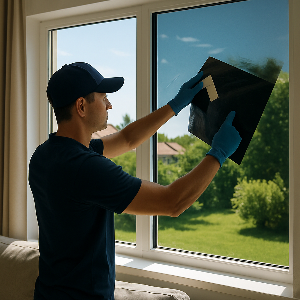 Man in a cap and gloves applies window film to a large window inside a sunlit room.