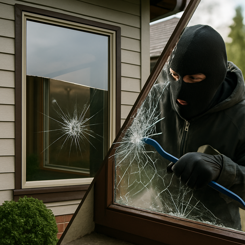 Masked burglar in a black balaclava uses a blue crowbar to break a large window, glass spiderweb cracks visible outside a house.