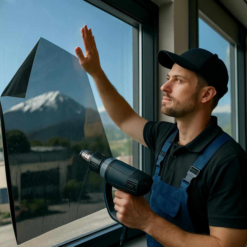 A man in a cap and blue overalls uses a heat gun on a large glass window pane by the window.