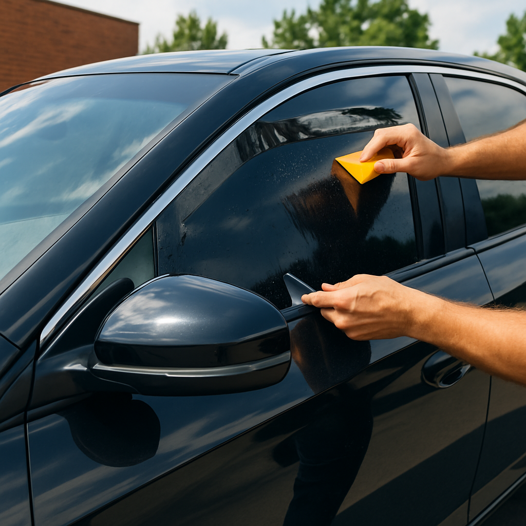 Person cleans a dark blue car window with a yellow sponge and squeegee at the door side mirror area on a sunny day