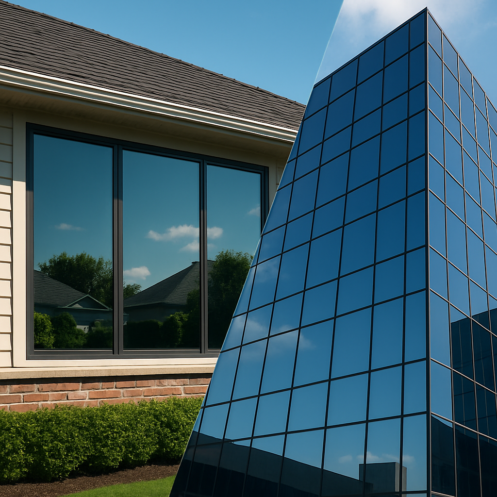 Modern glass pyramid sculpture beside a suburban house with large reflective windows and a hedge under a blue sky.