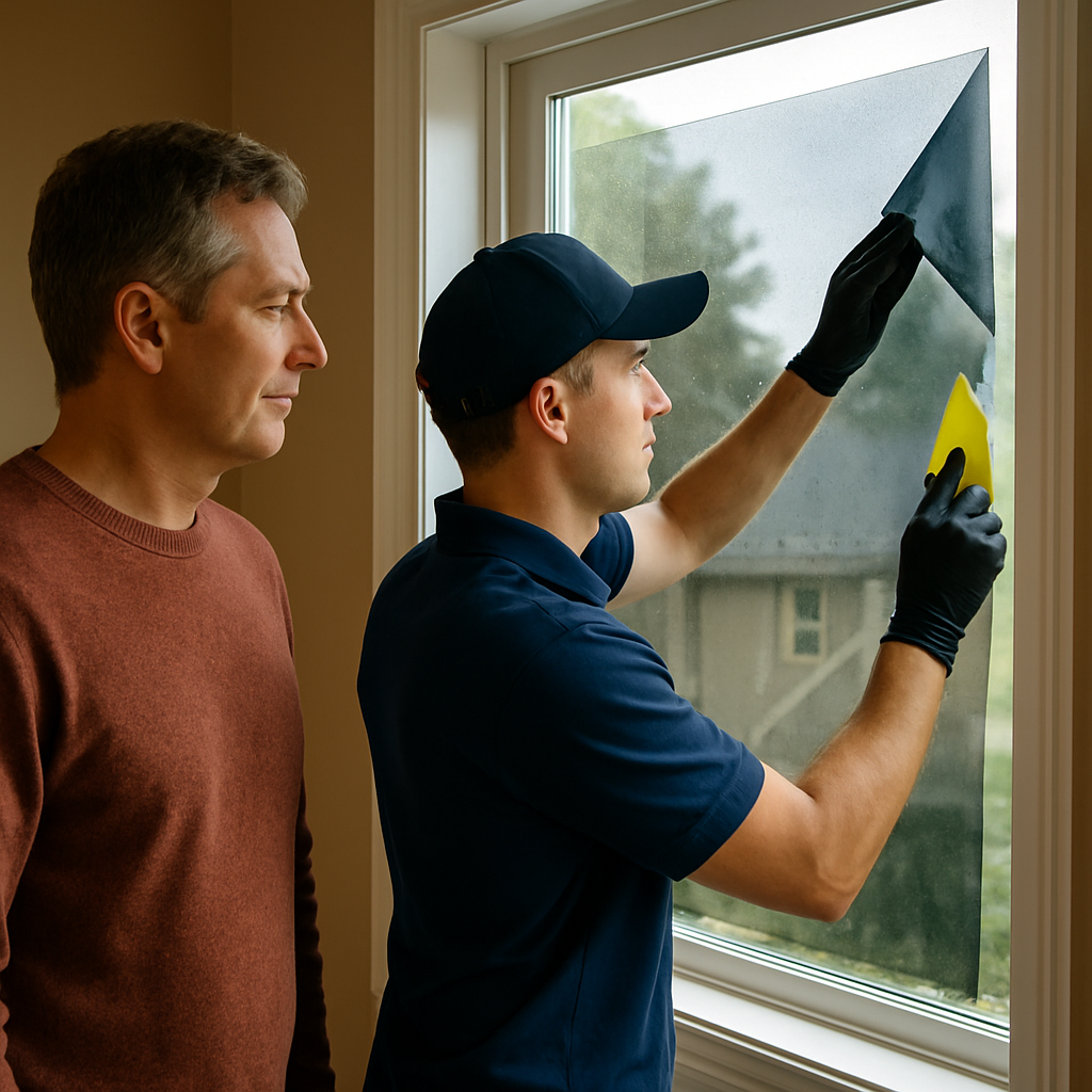 Two men stand by a window as a installer in a navy cap and gloves smooths dark film onto the glass while another man watches nearby.