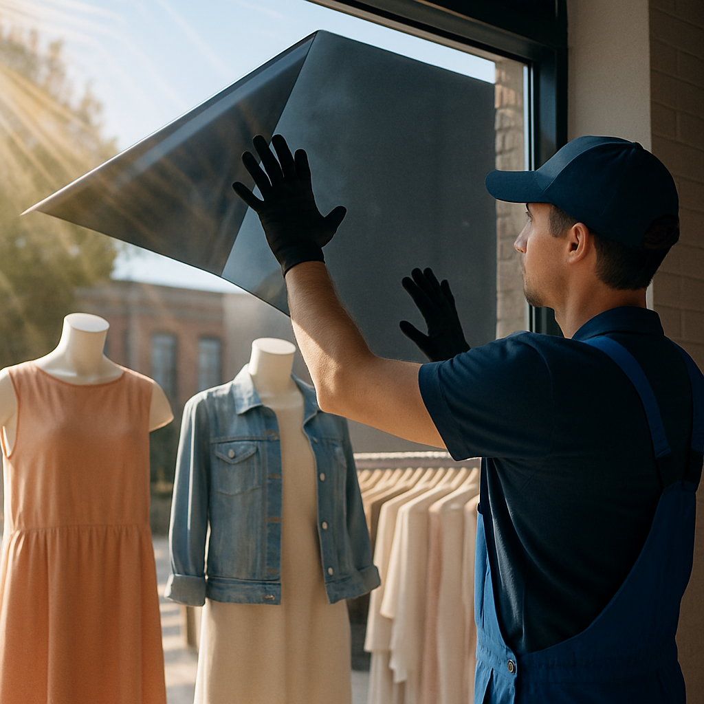 Installer in a blue uniform and cap places a large reflective panel on a store window, mannequins in pastel dresses visible inside.