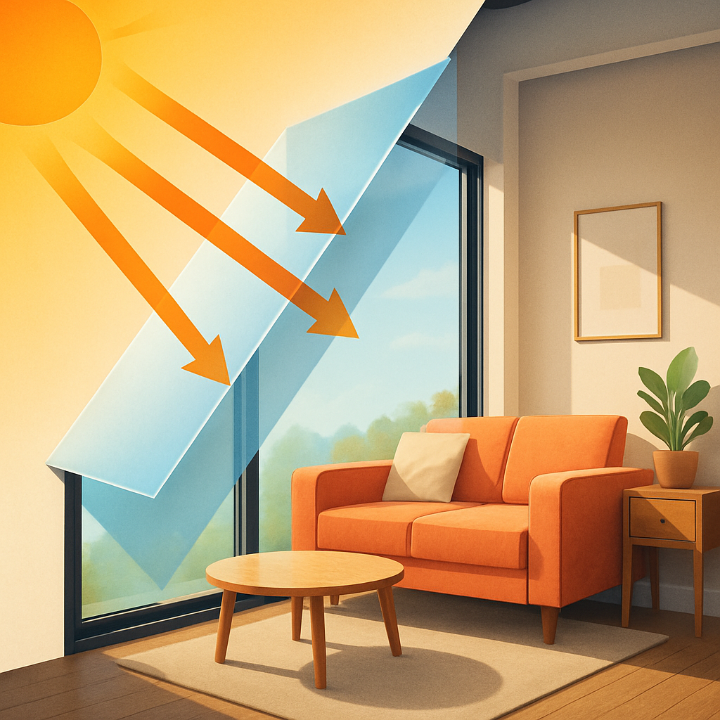 Sunlight streaming through a large window with orange arrows showing heat entering a cozy living room with an orange sofa and wooden furniture.