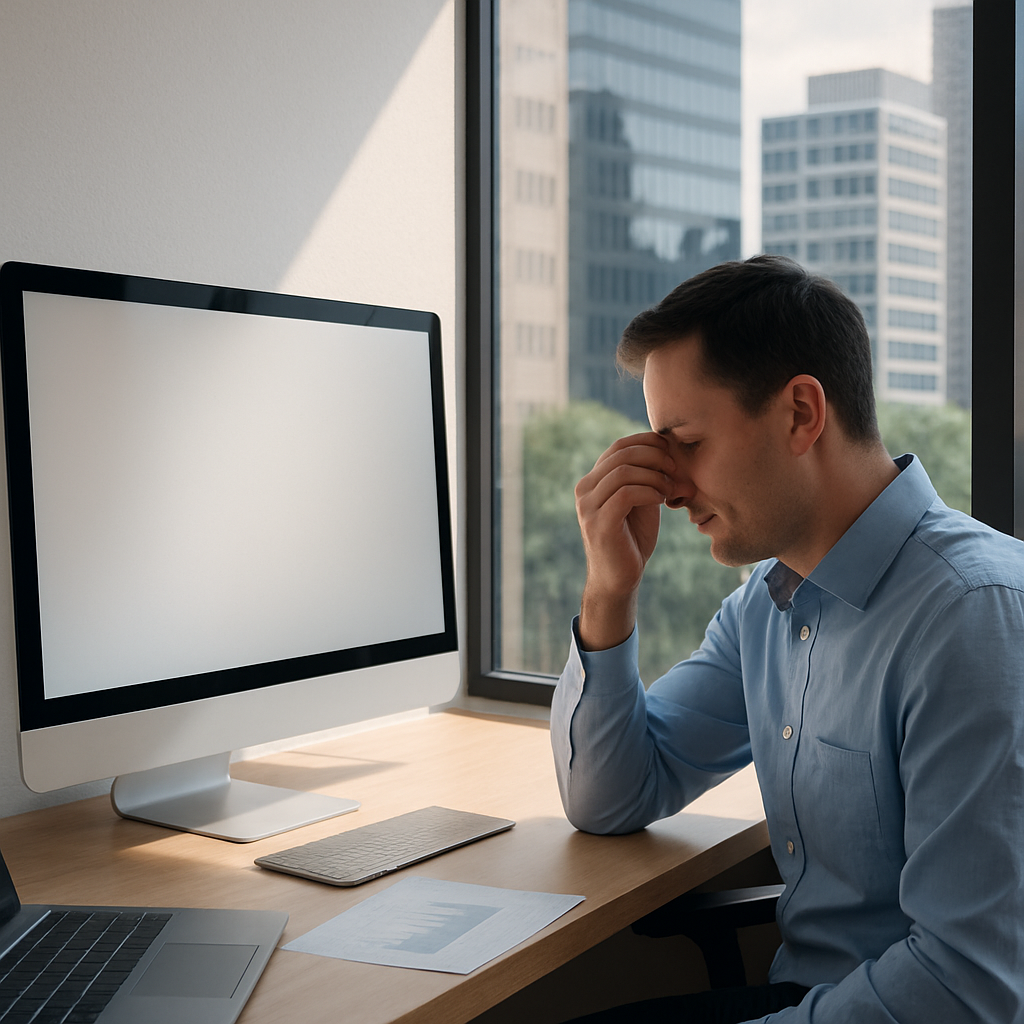 Man in a light blue shirt sits at a desk near a large window, rubbing his nose in front of a large desktop monitor, looking stressed at work.