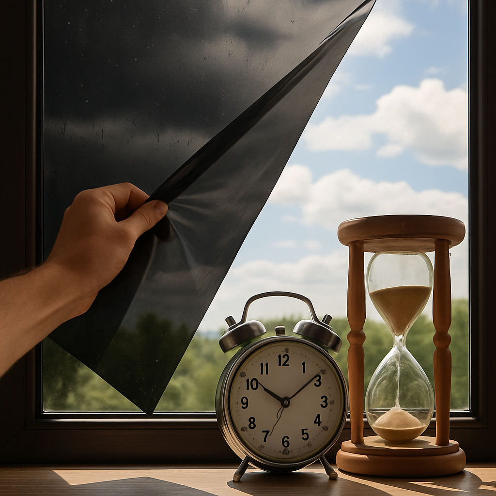 Hand lifting a dark panel away from a window, revealing a metal alarm clock and an hourglass on the sill.