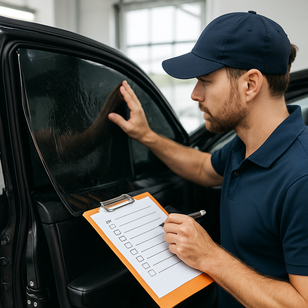 Professional inspecting a car window with a clipboard checklist in a workshop.