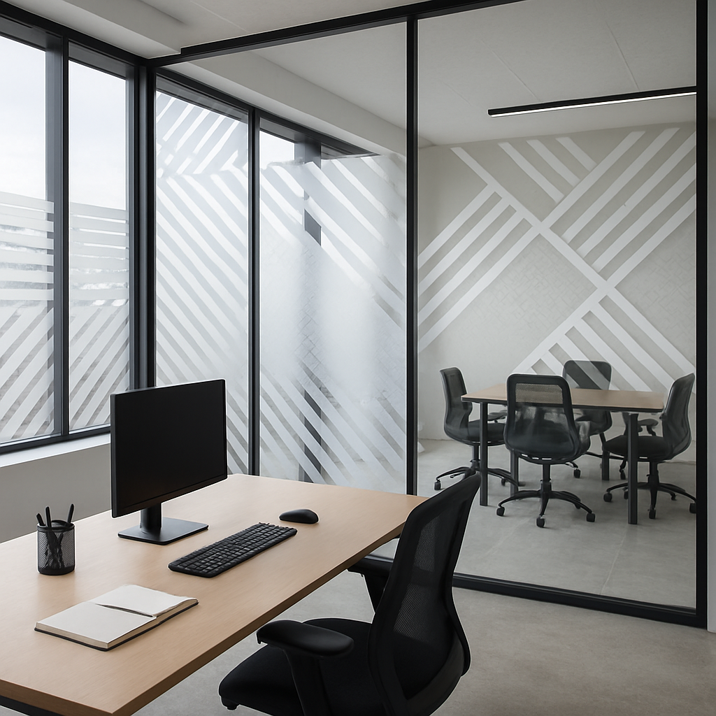 Modern office with a glass partition featuring diagonal frosted stripes; foreground desk has a monitor, keyboard, mouse, notebook, and pen cup; meeting room with a table and chairs in the background.
