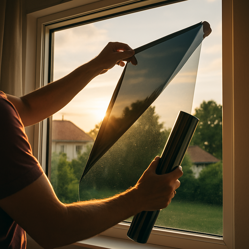 Person applies window tinted film to a pane using a roll, during sunset at home window sill