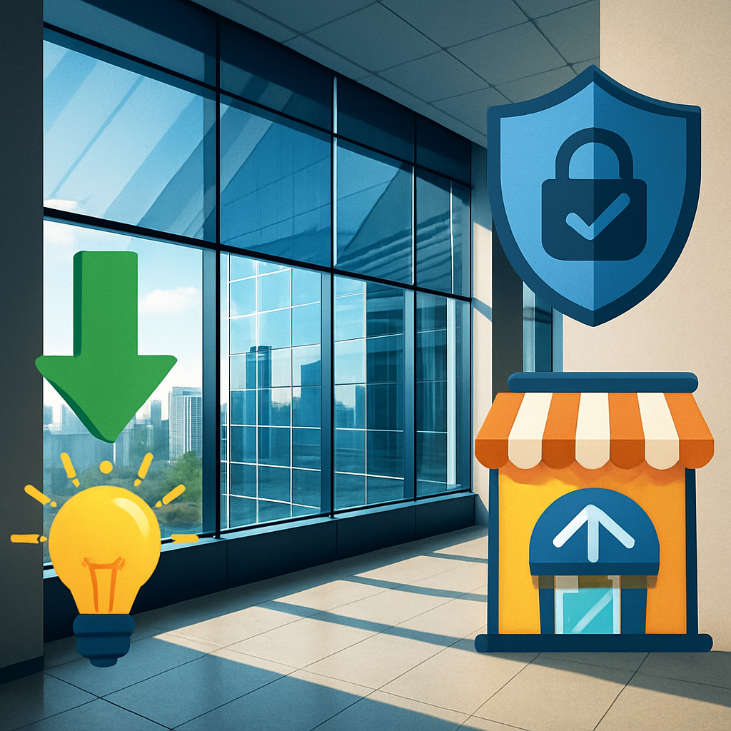 Illustration of a storefront with orange-and-white awning beside a large shield with a lock, in a modern office hallway.