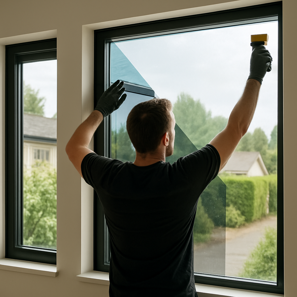 Worker applying window film to a large interior window from inside a modern home, wearing gloves and using a tool on the glass.